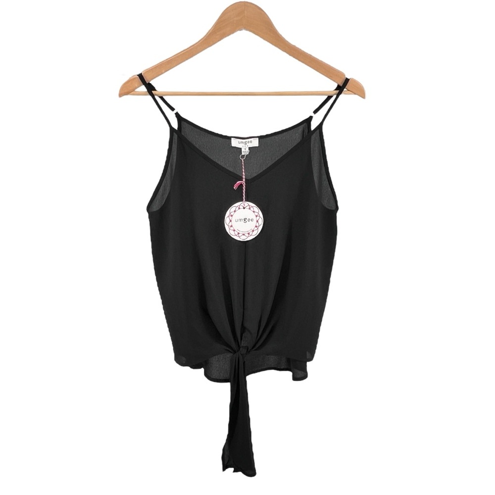 Umgee NWT Semi Sheer Tank Top Blouse Sz S Black Tie Front Adjustable Spaghetti